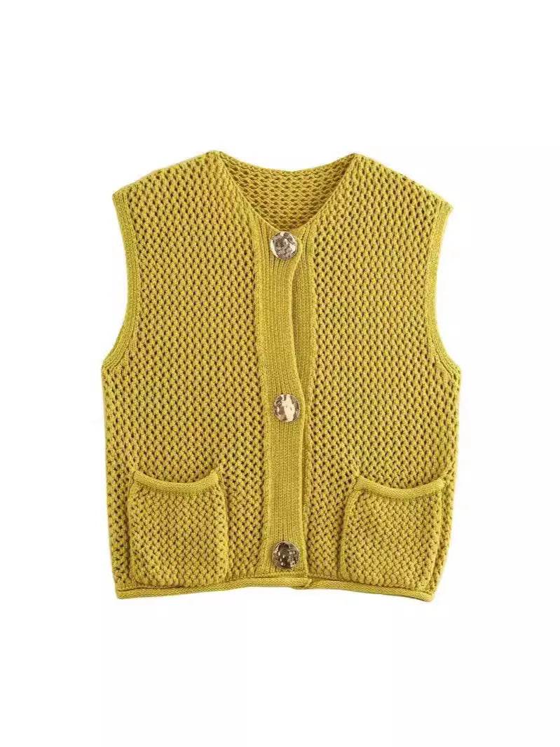 Chic Women's Sleeveless Knit Vest Sweater with Big Pockets - Buy Center