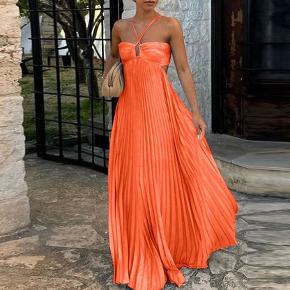 ELSVIOSE Blue High Waist Pleated Dress - Sexy Halter Sleeveless Summer - Buy Center