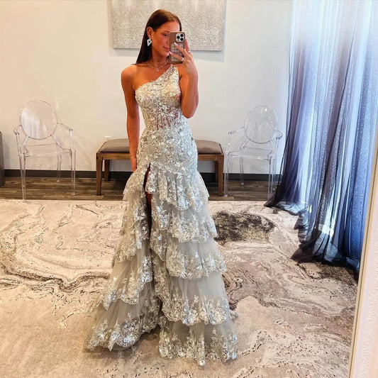 Sharon Said Sequin Evening Dress - One-Shoulder Gown with High Slit - Buy Center