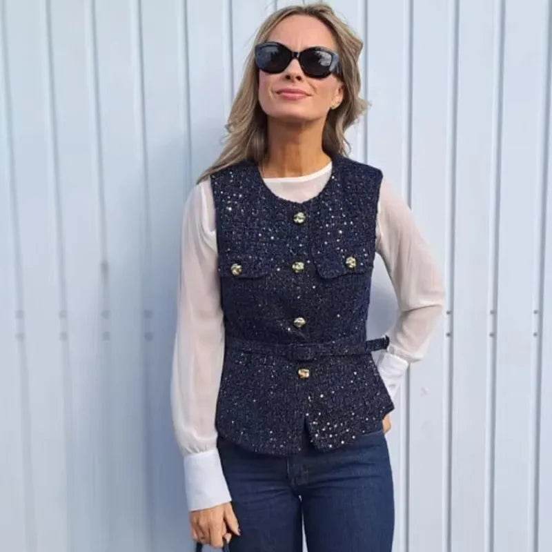 TRAF Women's Sequin Sleeveless Vest - Vintage Button Outerwear - Buy Center