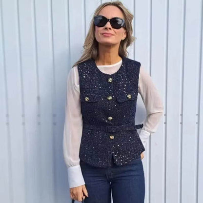 TRAF Women's Sequin Sleeveless Vest - Vintage Button Outerwear - Buy Center