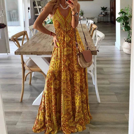 Bohemian V-Neck Floral Dress - High Waist Spaghetti Strap Style - Buy Center