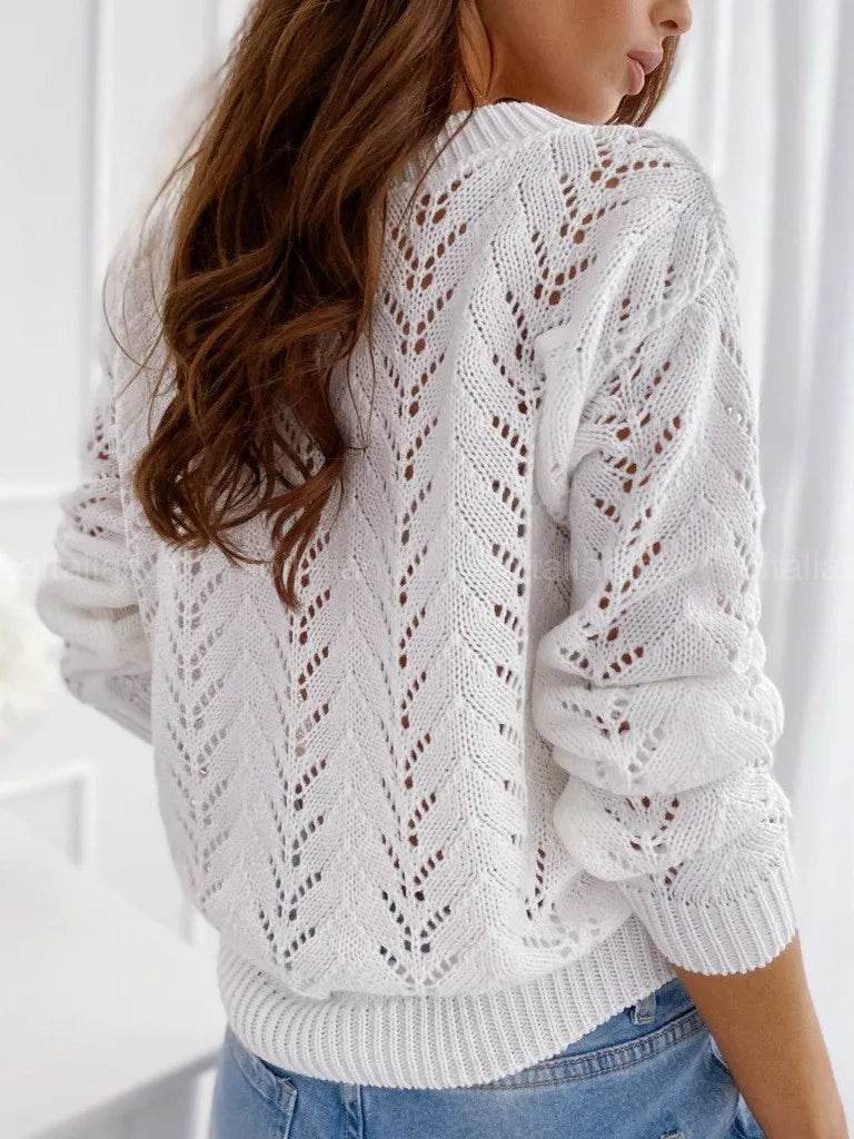 Casual V-Neck Mocha Knitwear Sweater - Autumn Solid Color for Women - Buy Center