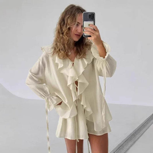 Tuularose Women's Ruffled Tie Top & Shorts Set - Casual Office Style - Buy Center