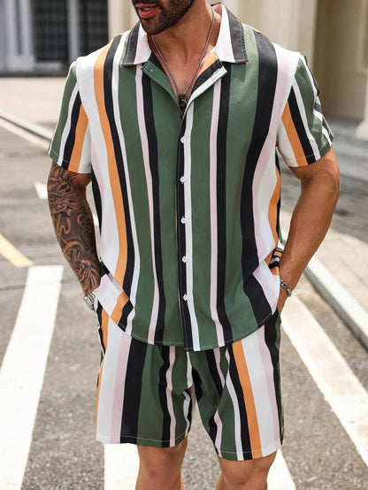 Men's Summer Stripe 3D Print Shirt & Drawstring Shorts Set - Buy Center