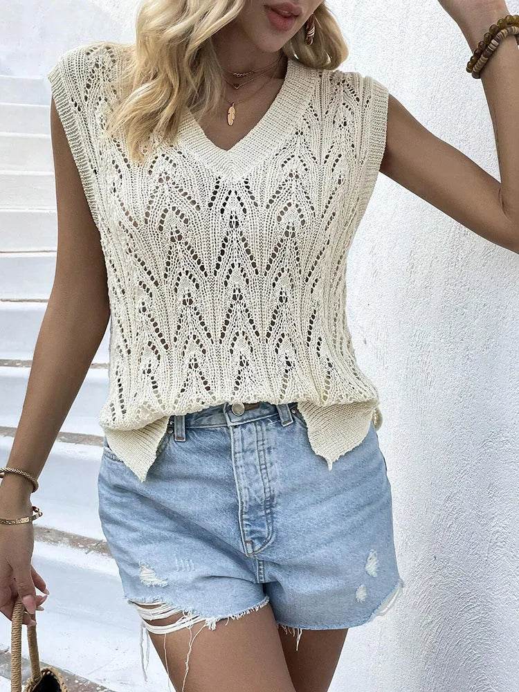 Elegant Women's V-Neck Loose Knit Sweater - Hollow Out Design - Buy Center