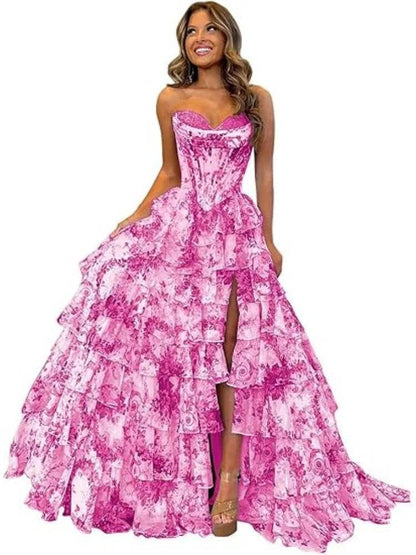 TSxuelian Floral Tiered Prom Dress - Strapless Ruffle Evening Gown - Buy Center