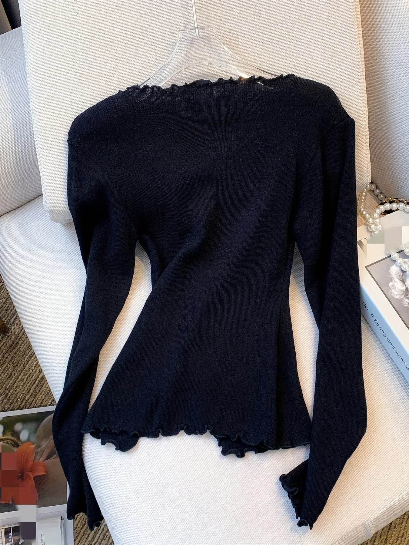 2024 Solid Lettuce Trim Pullover Sweater - Y2K Casual Style - Buy Center