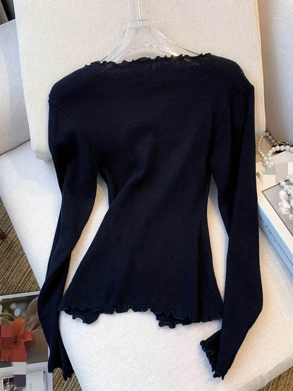 2024 Solid Lettuce Trim Pullover Sweater - Y2K Casual Style - Buy Center