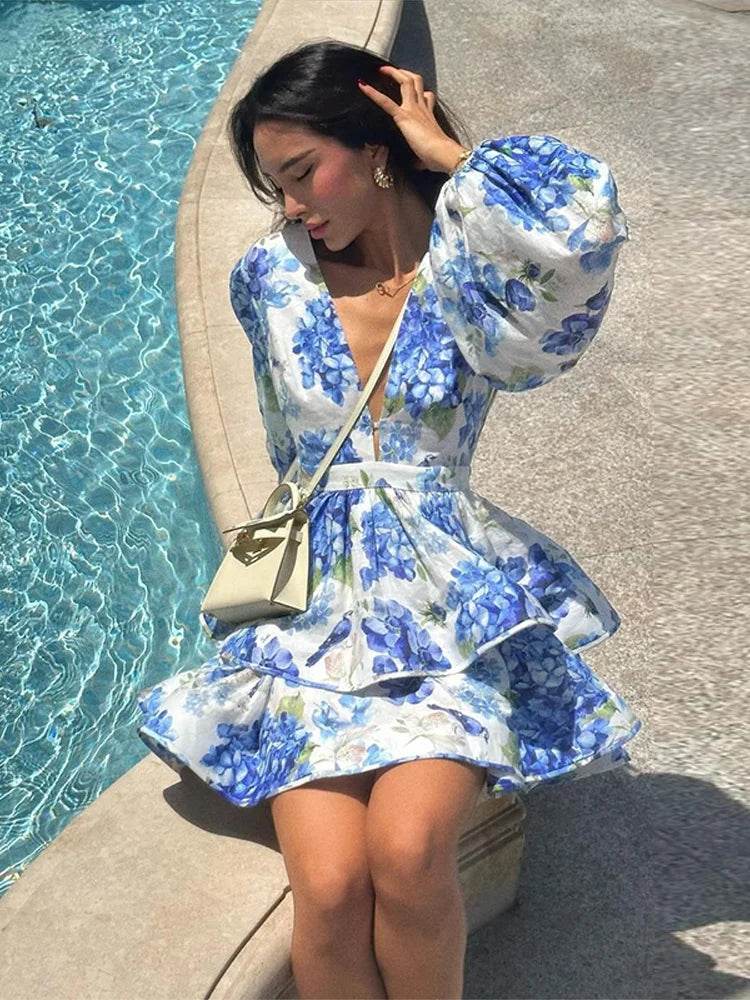 Elegant Ruffles Mini Dress for Women - Deep V Neck, Spring Fashion - Buy Center