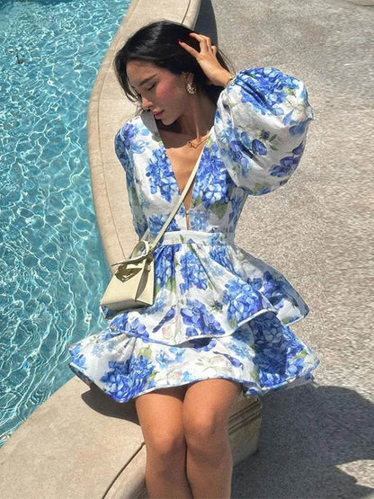 Elegant Ruffles Mini Dress for Women - Deep V Neck, Spring Fashion - Buy Center