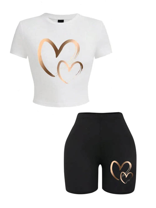 Teekossc Summer Women’s Slim-fit T-Shirt & Shorts Set - Hearts Print - Buy Center