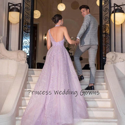 Customized Luxury Halter Neck Evening Dress - A-Line & Backless - Buy Center