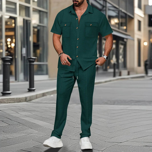 Men's Casual Short-Sleeved Waffle Check Shirt - Summer Fashion Set - Buy Center