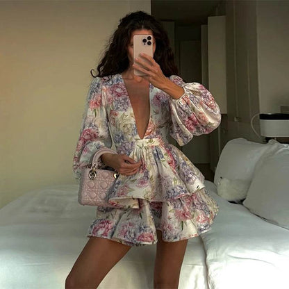 Elegant Ruffles Mini Dress for Women - Deep V Neck, Spring Fashion - Buy Center