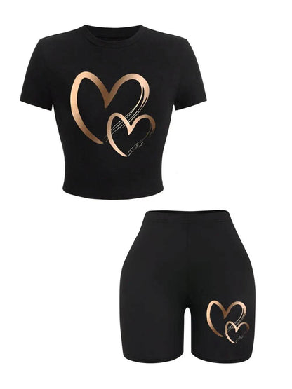 Teekossc Summer Women’s Slim-fit T-Shirt & Shorts Set - Hearts Print - Buy Center