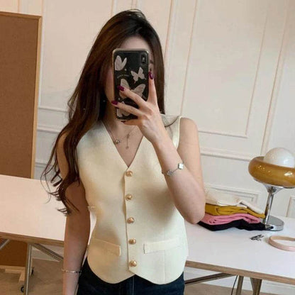 TEROKK Women's V-Neck Knitted Vest - Slim Fit, Solid Color Style - Buy Center