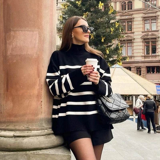 Jadoutin Women's Black and White Striped Turtleneck Sweater - Casual & Loose - Buy Center