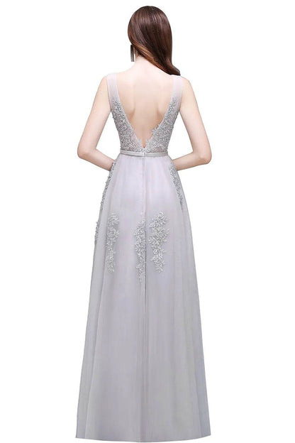 Elegant A-Line V-Neck Tulle Dress - Sleeveless Prom Gown for Women - Buy Center