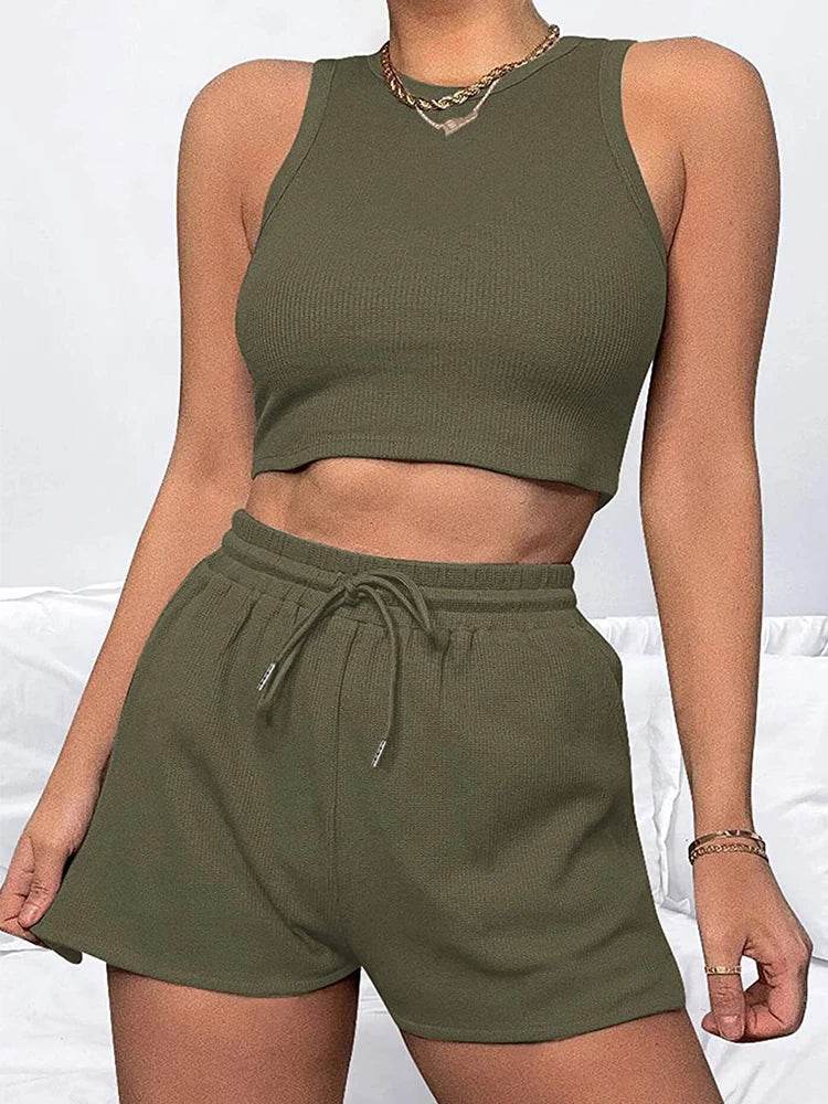 Women's 2024 Summer Sleeveless Waffle Two-Piece Set - Casual & Elegant - Buy Center