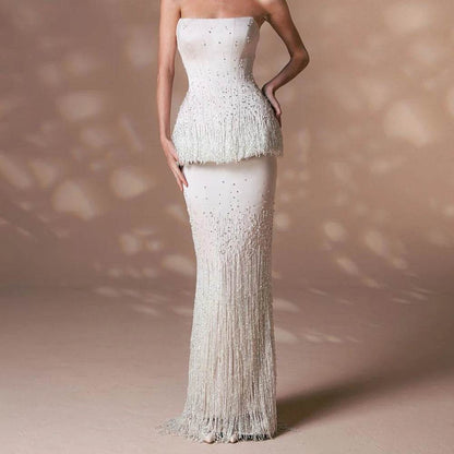 SWEMILE Luxury Crystal Tassel Evening Dress - Strapless Formal Style - Buy Center