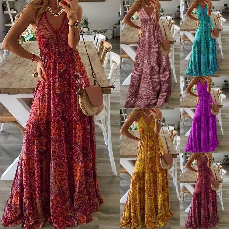 Bohemian V-Neck Floral Dress - High Waist Spaghetti Strap Style - Buy Center
