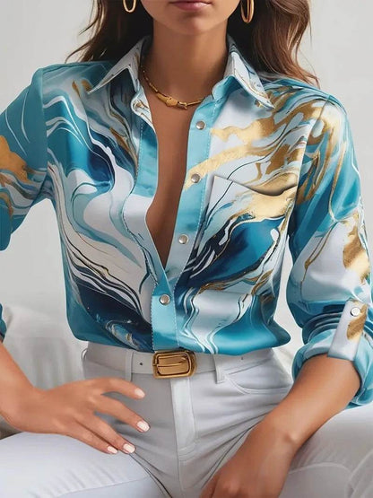 Women's Casual Print V-Neck Button Shirt - Loose Sleeve Blouse - Buy Center