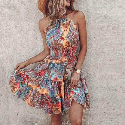 Summer Floral Mini Dress for Women - Casual Halter Beach Look - Buy Center