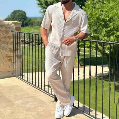 Men's Sportswear Set - Casual Solid Color Short Sleeve & Pants Suit - Buy Center