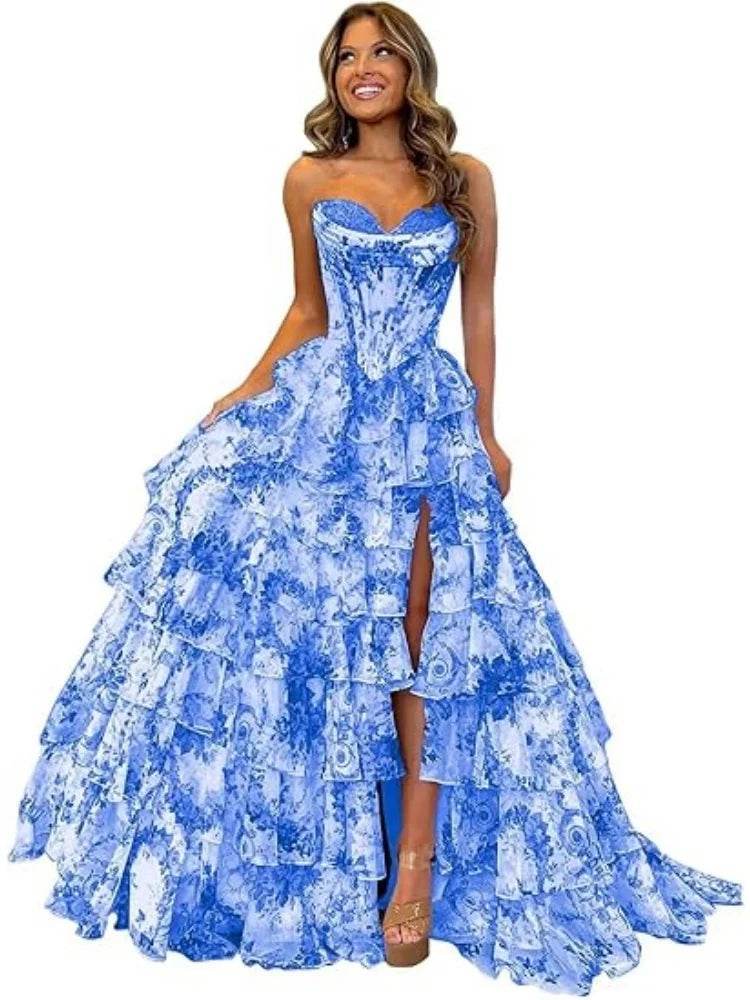 TSxuelian Floral Tiered Prom Dress - Strapless Ruffle Evening Gown - Buy Center