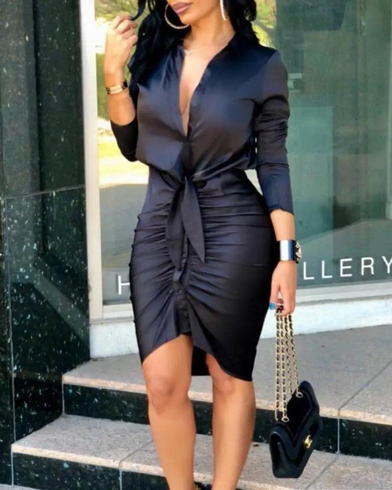 Elegant Women's Long Sleeve Button-Down Shirt Dress - Mini Length - Buy Center