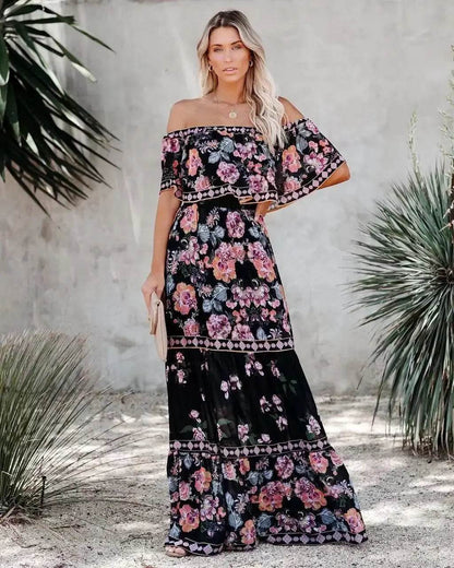 2024 Spring Summer Off-shoulder Red Floral Dress - Loose Fit Style - Buy Center