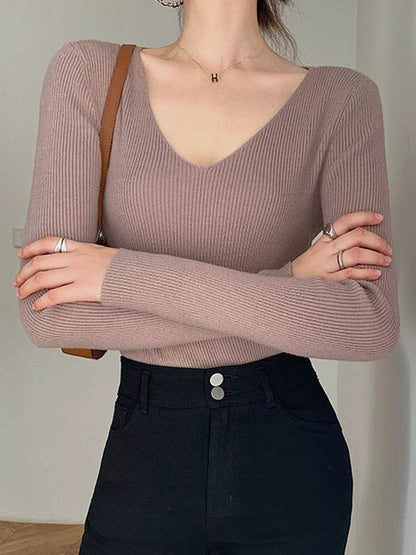 AOSSVIAO Women’s V Neck Sweater - Casual Slim-fit Long Sleeve Top - Buy Center