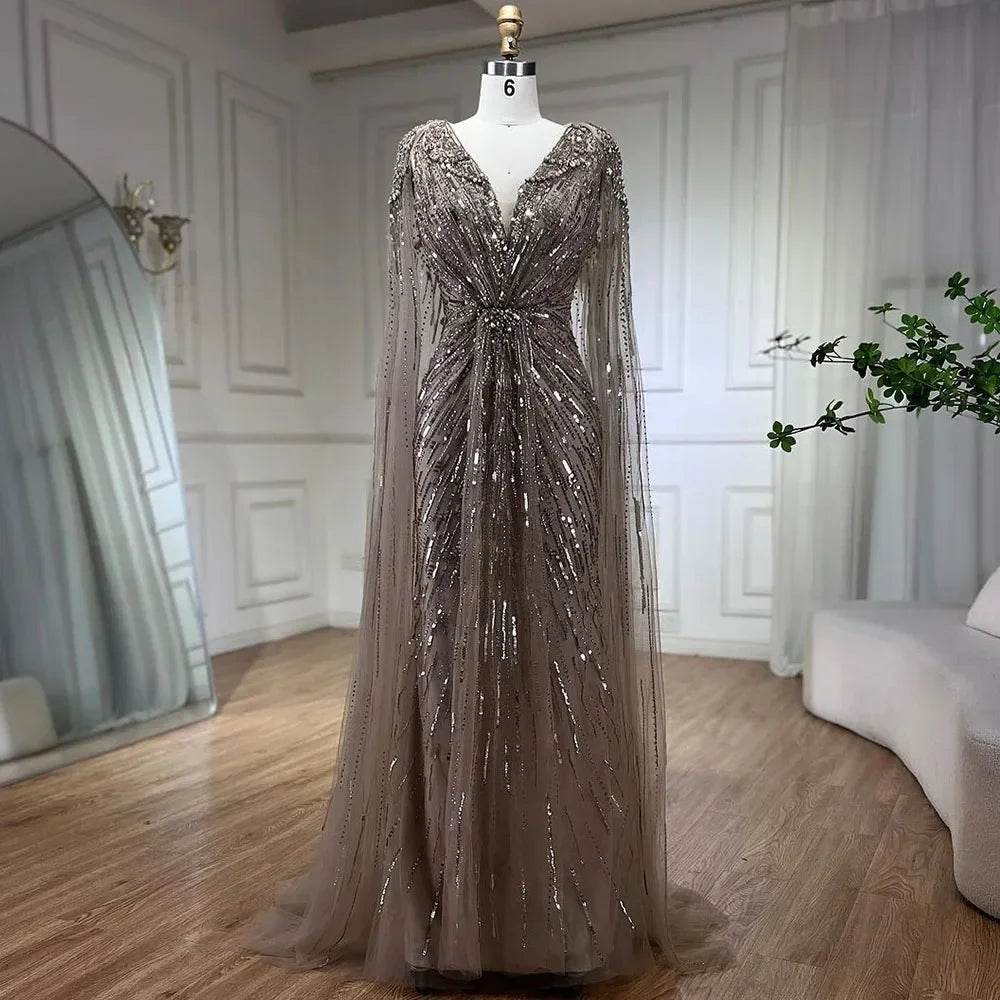 Serene Hill Turquoise Mermaid Evening Dress with Beaded Cape Sleeves - Buy Center