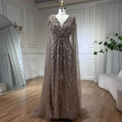 Serene Hill Turquoise Mermaid Evening Dress with Beaded Cape Sleeves - Buy Center