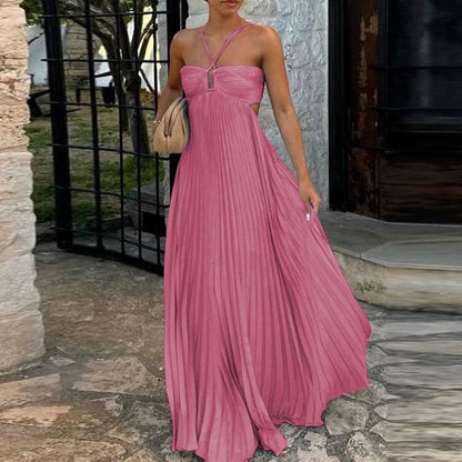 ELSVIOSE Blue High Waist Pleated Dress - Sexy Halter Sleeveless Summer - Buy Center