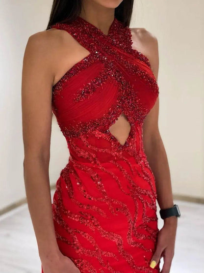 Oisslec Red Mermaid Prom Dress - Beaded Halter Sleeves for Women - Buy Center
