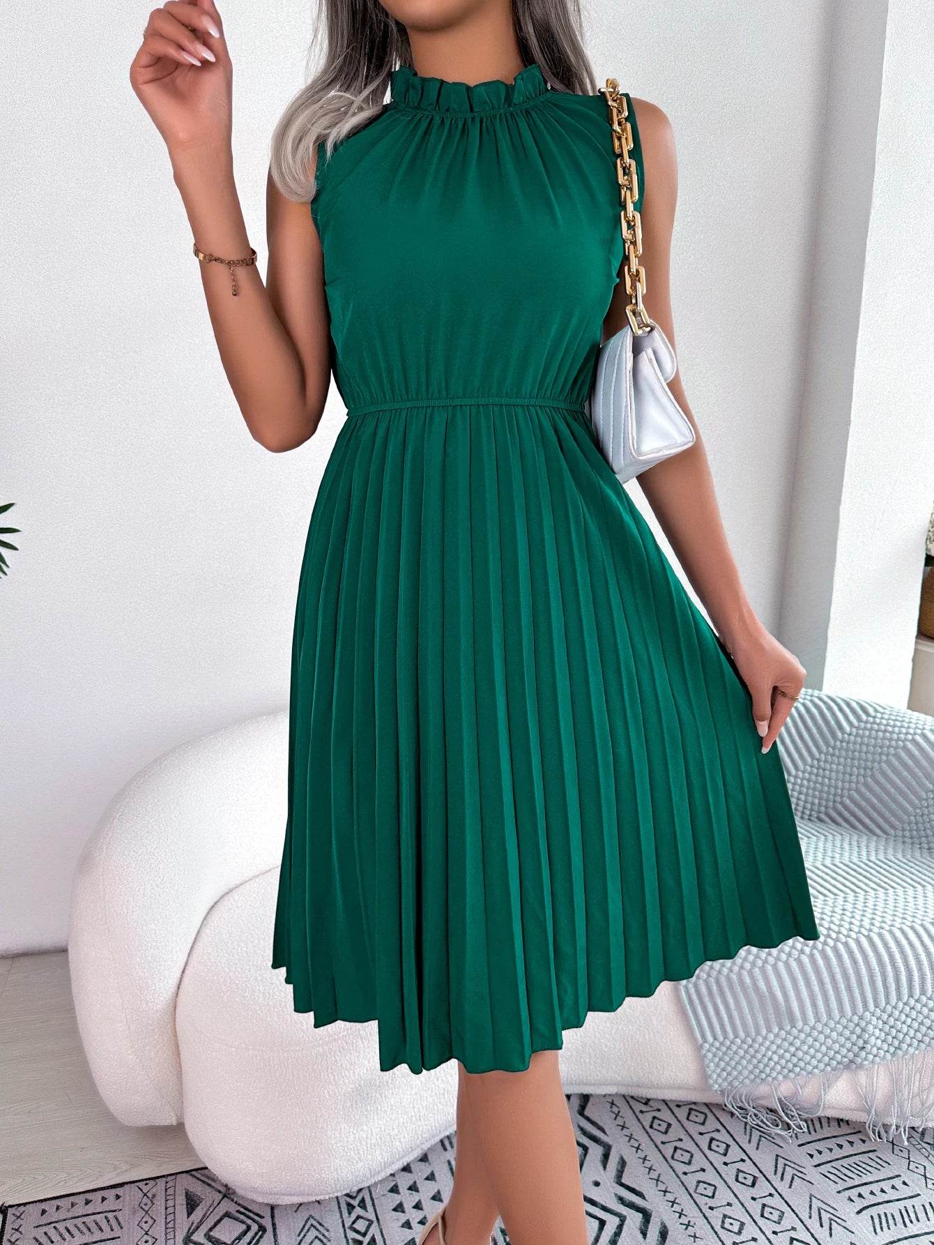 LUSMAY Women's Summer Knee Length Dress - Ruffled Pleated Casual Style - Buy Center