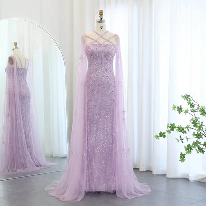 Sharon Said Aqua Lilac Mermaid Evening Dress with Cape Sleeves - Buy Center