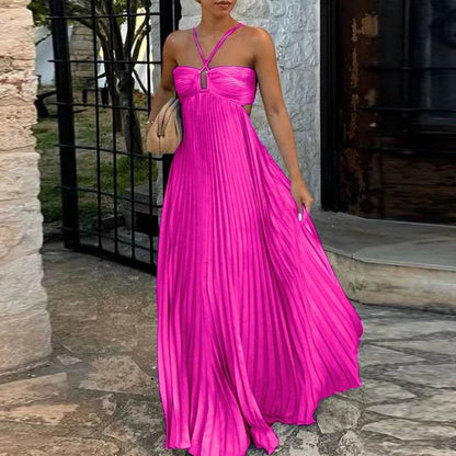 ELSVIOSE Blue High Waist Pleated Dress - Sexy Halter Sleeveless Summer - Buy Center
