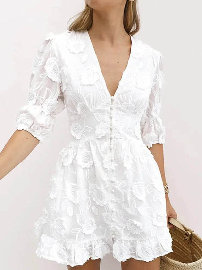 Elegant Lace Hollow Out Midi Dress - Women’s V-Neck Party Attire - Buy Center
