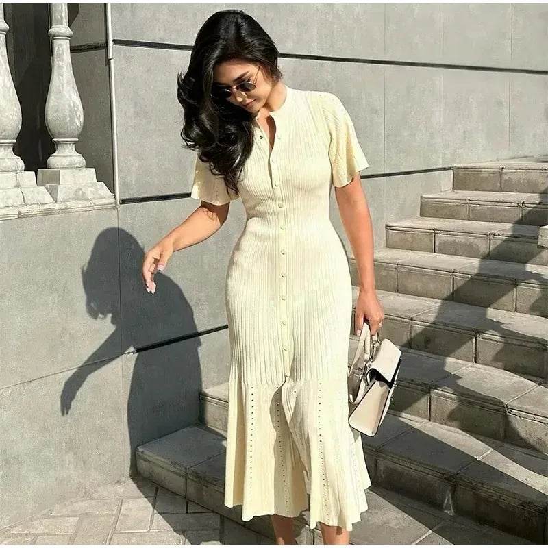 Elegant Knit Dress for Women - Spring Fashion, O-Neck, Short Sleeve - Buy Center
