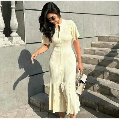 Elegant Knit Dress for Women - Spring Fashion, O-Neck, Short Sleeve - Buy Center