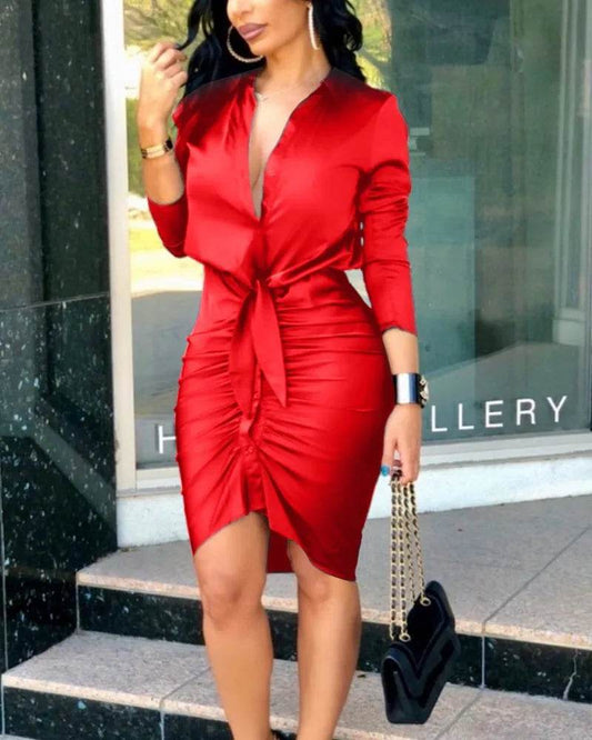 Elegant Women's Long Sleeve Button-Down Shirt Dress - Mini Length - Buy Center