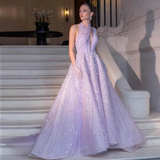 Customized Luxury Halter Neck Evening Dress - A-Line & Backless - Buy Center