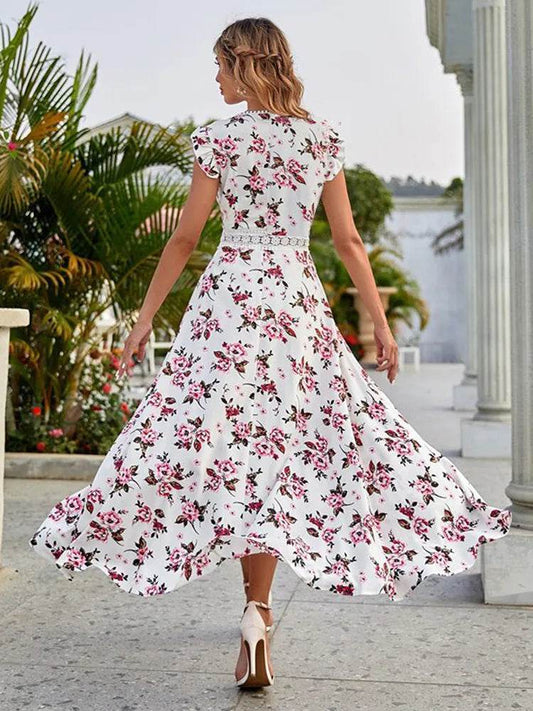Floral Print Women’s Dress - Lace Collar, Irregular Waist Style - Buy Center