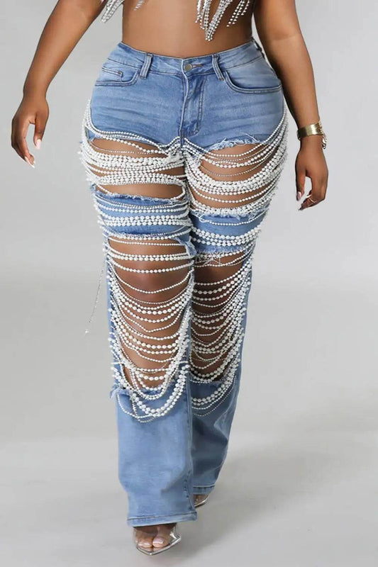 Women’s Plus Size High Waist Pearl Jeans - Vintage Casual Streetwear - Buy Center