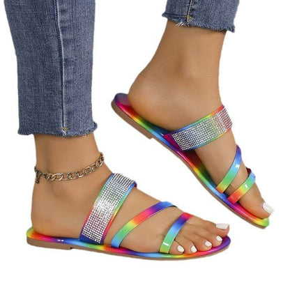 Buycenter Rhinestone Flat Slippers - Round Toe, Lightweight Casual Style - Buy Center