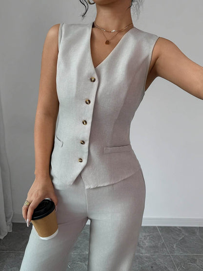 Women's Solid Color Vest & Wide-Leg Pants Set - Elegant Spring Look - Buy Center