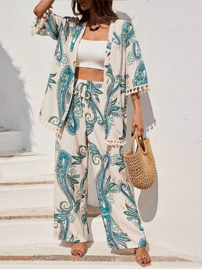 Women's Tropical Print Kimono Set - Lightweight 3/4 Sleeve Top & Pants - Buy Center